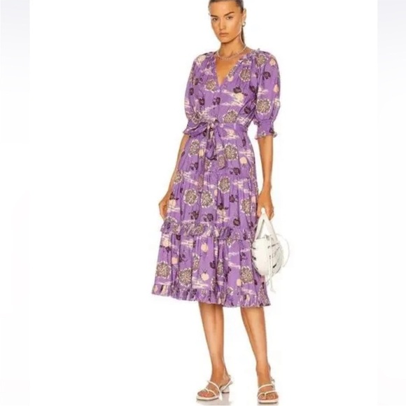 NWOT Ulla Johnson Dasha Popelin Ruffle Tier Purple Zinnia Floral Midi Dress - Picture 10 of 16